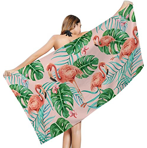 Serviette de Plage Feuille De Palmier Flamant Rose Serviette Plage Serviette Microfibre Drap de Plage Enfant Ultraléger Portable Serviette de Plage Anti Sable Séchage Rapide Drap de Bain 150x180cm