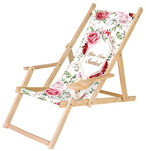 Ferocity Holz-Liegestuhl Personalisierbarer Klappbar Klappliegestuhl mit Armlehne und Getränkehalter Strandstuhl Motiv Rote Rosen [119]