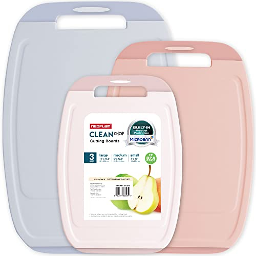 Neoflam Microban Protection Schneidebrett 3-teiliges Set, Flecken- und Geruchs- / BPA-frei, wendbares Brett, verbesserte größere Saftrille, rutschfester EZ-Griff, spülmaschinenfest, Pastellfarben