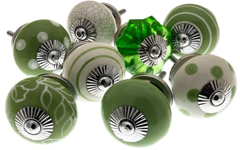 Mango Tree Bright Green Door Knobs Beautifully Hand Painted Ceramic in a Set of 8 Spots, Stripes and Patterns