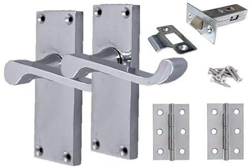 Haven Heritage Door Handles Internal Victorian Scroll Lever Latch in Polished Chrome Inc Tubular Latch & Hinges - Back Plate Size 118mm x 40mm Sold as 1 Pair