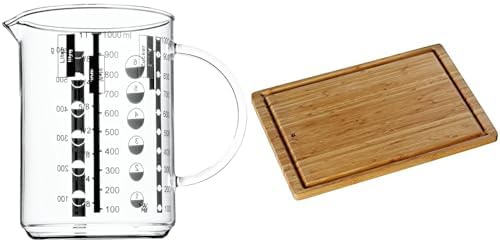WMF Schneidebrett Tranchierbrett Bambus natur 45 x 30 cm rechteckig Handwäsche Saftrille klingenschonend robust hochwertig & Messbecher 1 l Gourmet aus hitzebeständigem Glas