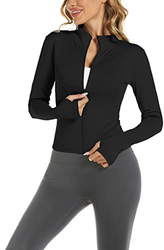 Bkul Laufjacke Damen Atmungsaktive Sportjacke Langarm Running-Jacken Yoga Fitness Sportjacke mit Reißverschluss Trainingsjacke (DE/NL/SE/PL, Alphanumerisch, M, Regular, Regular, Schwarz)