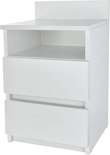 CDF Nachttisch M1 Malwa, Nachtschrank | Farbe: Weiß | Ideal für Schlafzimmer, Kinderzimmer, Teenager | Einfache Montage | Zwei geräumige Schubladen | Grifflose Schubladen