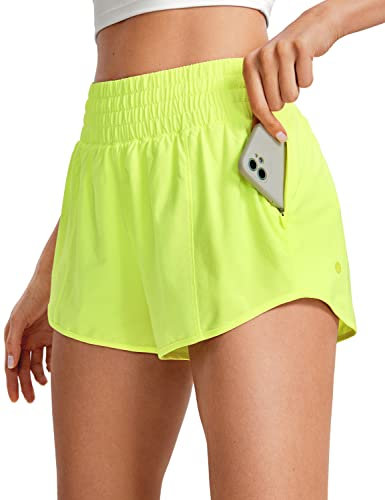 CRZ YOGA Damen High Waist Running Shorts Gym Sporthose Mesh Innenhose Schnelltrocknend Kurz Hose mit Zip Tasche - 6.4cm Neon Gelb 44