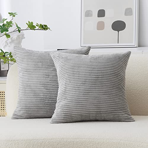Home Brilliant Striped Velvet Cushion Covers 50cm x 50cm, Grey Cushion Cover Pack of 2, Super Soft Corduroy Cushions for Sofa Bed Couch, 20 Inches, (50 x 50, Light Grey)