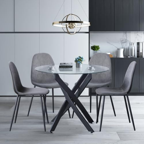 GOLDFAN Table Ronde avec 4 Chaises, Ensemble Table a Manger en Verre 80 cm et Chaises Lot 4 Gris de Style Modern (Noir + Gris)