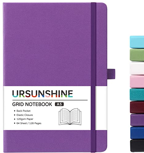 Graph Grid Paper Notebook/Journal – Klassisches Tagebuch/Notizbuch mit Band-Trenner, Hardcover mit dickem Papier, 13,5 x 21 cm, gebändert, Stifthalter + Innentasche – Violett