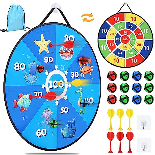 26 Inches Double-sided Foldable Kids Dart Board Set, Maomaoyu Velcro Dart Board for Party Garden Games for Kids with 12 Velcro Balls, Outdoor Toys & Presents for 5 6 7 8 9 10 11 Year Old Boys, Ocean