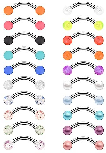 Longbeauty 16G Edelstahl Augenbrauen Piercing CZ Gebogen Bananen Barbells Bauchnabelpiercing Tragus Daith Helix Knorpel Punk Stil mit Ketten, 20 Stk