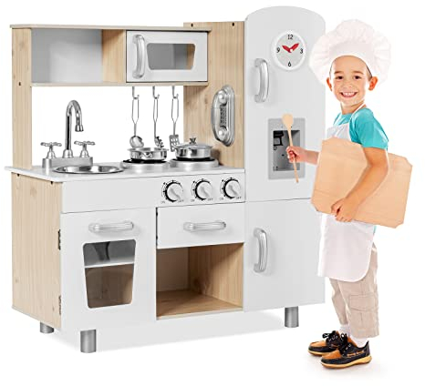 DREAMADE Cuisine Enfants avec Décorations d'Horloges, Fonction Lumière&Son, Robinet, Évier, Cuisinière, RéfrigérateurInclus, Jeu d'Imitation pour Garçons et Filles 3 Ans+, en MDF, Blanc