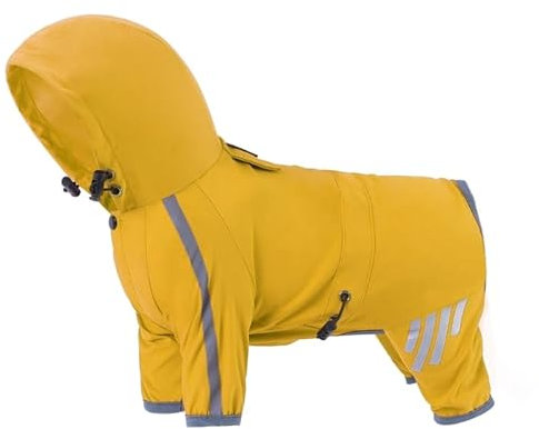 WUURAA Hundemantel 4Bein Regenjacke Reflektierend Hautfreundlich RainyWear Wasserdichte Kapuze Gelb Small