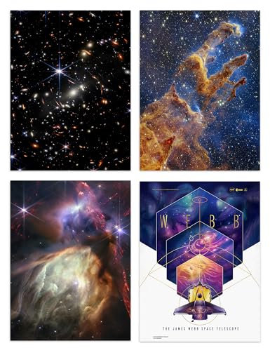 Artery8 Pack of 4 NASA James Webb Space Telescope Images Deep Field Stars Rho Ophiuchi Clouds Pillars of Creation Unframed A4 Wall Art Living Room Prints Set
