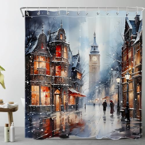 LB Schnee im Winter Duschvorhang 240x175cm(BxH) Londoner Stadtlandschaft Antischimmel Wasserdicht Badezimmer Vorhänge, Vintage Straße Extra Breit Polyester Stoff Bad Vorhang mit Haken