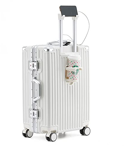 lesulety Valise 20 Pouces. Transporter des Bagages avec Serrure TSA, Port USB, Porte - gobelets et Porte - téléphone,Blanc,22in