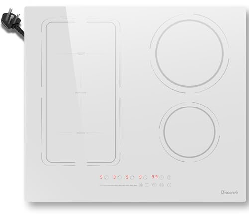 Disaenvir Plug in Induction Hob 4 Zones, 13 Amp 2800W Electric Cooker 60cm with Extended Zone, 4 Burners Cooktops in Touch & Slide, 9 Power Levels Setting, Booster, Pause, Timer, Safety Lock, White
