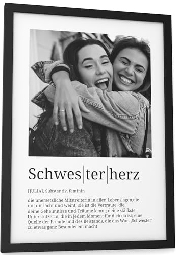 Papierschmiede® Personalisierte Geschenke Schwesterherz, Definition mit Foto DIN A4 (21x30 cm) Rahmen wählbar fertig gerahmt, Persönliches Bild als Geschenk an Schwester zu Weihnachten, Geburtstag