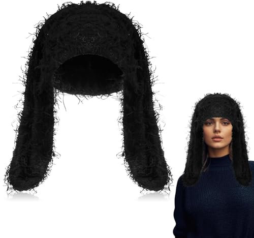 Chuarry Bunny Hat Distressed Beanie Hasenohren Niedlich Fuzzy Y2k Beanies Strickmützen Bunny Flauschige Wintermütze für Damen Herren Outdoor Häkelzubehör Schwarz, Schwarz, Medium