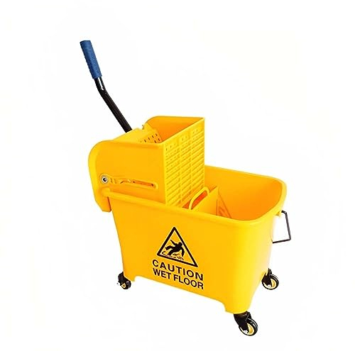 Berry Kentucky Mop Bucket with Wringer | 32L Mop Bucket on Wheels with Handle | Yellow Wringer Trolley with Caution Wet Floor Sign for Cleaning in Restaurants Hospitals Malls