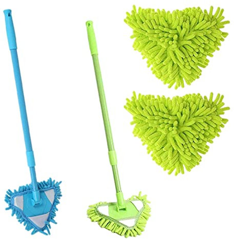 Dreiecksreinigung Mop, 3pcs/Set dreieckig 180 ° Rotationseisenstange Teleskop Chenille Mini Mopp für Wandfenster Auto Küche Fußboden Heimat Sofa Bett Boden, blau