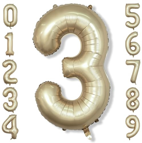 Large Light Gold 3 Balloons, 40 Inch Metallic Champagne Gold Helium Mylar Foil Globos Numero for Boys Girls, Self Inflating 3rd Birthday Balloon for Women Men Anniversary Party Decorations Supplies