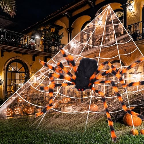 Bilivry Halloween Deko Spinnennetz Set: 5M Riesige Spinnennetz + 1.25M Riesige Spinne + 10 Mini Spinne, Halloween Spinnennetz für Outdoor Garten für Hausbesitzer, Eltern,Party-Gastgeber