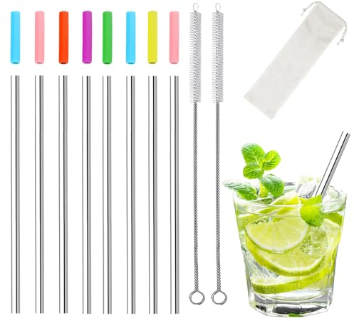 8PCS Short Metal Straws for Cocktails, Mini Reusable Straws with Cleaner Brush, Silicone Tips and Pouch
