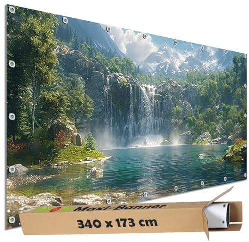 TRIOSK Sichtschutz Garten Dekoration Plane groß mit Motiv Wasserfall Schweizer Alpen Berge Wasser Natur Motivbanner Blickdicht für Terrasse Zaun Gartenzaun Gartenposter PVC Zaunblende 340x173 cm