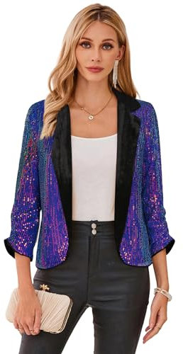 GRACE KARIN Femme Veste de Costume à Sequins Élégant Blazer Officiel Ouvert Avant Manches 3/4 pour Bureau XL Violet Coloré