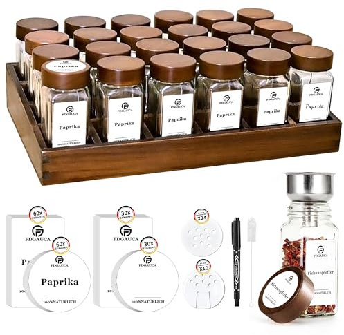 SAEIV Umweltfreundliches Akazien-Gewürzregal Holz mit 24 Fächern | 24 120ml-Gewürzgläser Drawer Organizer | Gewürzregal mit Gläsern 180 Deutsch Gewürzetiketten | Gewürzregal Stehend | Gewürz Organizer
