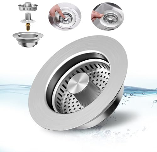 Yonisun Colador de drenaje 3 en 1 mejorado para fregadero de cocina, cesta de recogida de alimentos antiobstrucción, tapón de fregadero de cocina desplegable de acero inoxidable para fregadero de