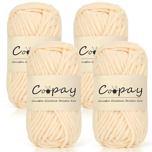 Coopay Chenille Chunky Wolle zum Häkeln Dickes Garn, 4 x 50g Dicke Wolle zum Stricken, Super Flauschig Weiches Wolle für Babydecke, Grobes Chenille-Garn für Hüte, Schals, Socken, Taschen - Milchshake