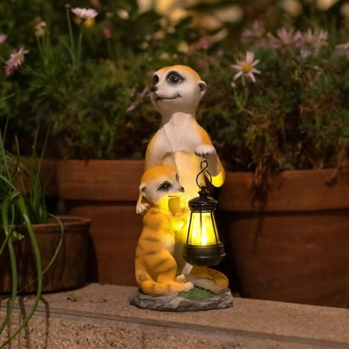 Tuzsocr Erdmännchen Deko, Solar Erdmännchen, Gartenfigur Erdmännchen mit Solarlaterne, Erdmännchen figuren für Draußen, Wetterfeste, Harzskulptur Tierstatuen für Rasen, Hof, Terrasse, Fensterbank,25cm