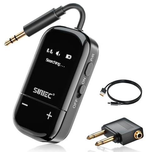 Bluetooth Adapter Flugzeug & TV, SUNITEC Bluetooth Transmitter mit Dual Link, Geringe Latenz, 35H Akku, USB-C, Adapter Aux für Kopfhörer, kabellos Audio Sender
