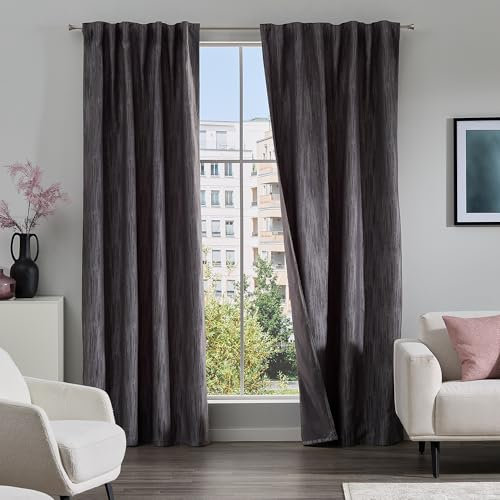 Como Gardinen 2er-Set Vorhänge anthrazit Stickfäden gestreift 245 x 140 cm