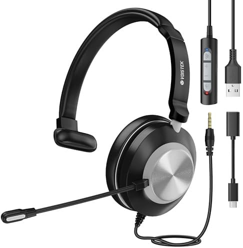 Voistek USB Mono Headset with Rotatable Microphone, Wired Single-Ear Headphones with 3.5mm/USB-A/Type-C for PC, Laptop, Zoom, Teams, Skype, VoIP