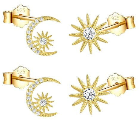 HinDaLi 2 Paar Ohrstecker Sonne Mond Stern Ohrringe Silber 925 für Frauen Mädchen Damen Ohrstecker Gold Ohrring Mond Sterne Stecker Zirkonia Ohrringe Damen Set Diamant Ohrring aus Gold Glitzer