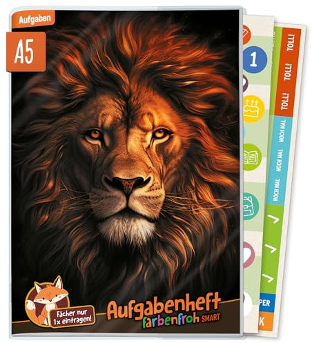 Häfft® Lernfreunde Farbenfroh Smart Löwe Hausaufgabenheft Grundschule A5 ohne Datum mit Umschlag + Stickern - der Clou: immer sichtbarer Stundenplan - nachhaltig & klimafreundlich