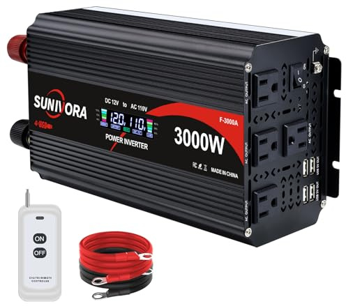 SUNIVORA 3000W Power Inverter 12V DC to 110V/120V AC Converter 6000W Peak