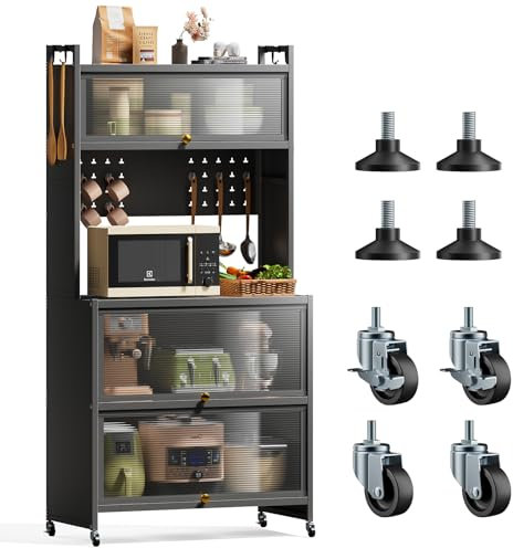 Warmiehomy Kitchen Storage Cabinets, Pantry Cupboard with 5 Tiers Bakers Rack, Kitchen Shelves with Transparent Flip Door & 4 Rolling Wheels, 80x40x162cm, Grey