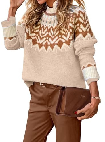 EARKOHA Lässiger Damen-Pullover mit Stehkragen, gerippt, Herbst 2025, langärmelig, bedruckt, Fair Isle-Pullover