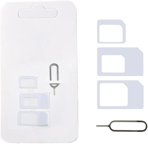 Nano SIM und Micro SIM Karten Adapter Set für Smartphone und Tablet: 4 in 1 Komplett Set, Mini Set mit Klicksicherung, 100% passgenau, Nano zu Micro, Nano zu Standard, Mikro zu Standard, weiß
