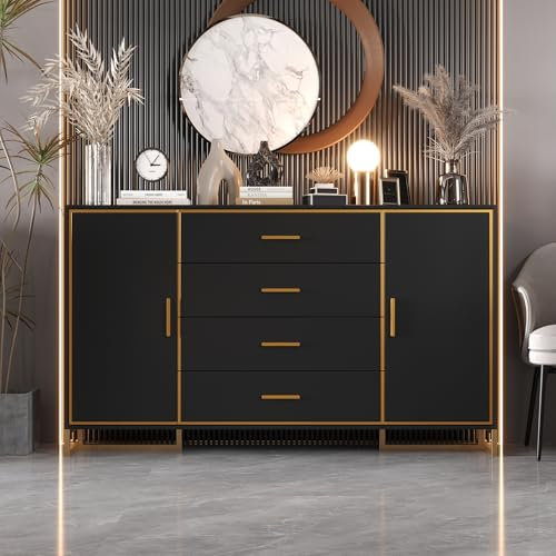 DEZAGCE Schwarz-goldenes Sideboard mit 2 Türen und 4 Schubladen, Sideboard mit verstellbaren Einlegeböden, Stauraumschrank, 160 x 40 x 93 cm, Schwarz, MDF.