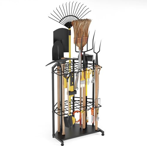 Garten-Werkzeug-Organizer für Ecken, robustes Metallregal mit 34 Ablagefächern und 14 Haken für Schaufeln, Rechen, Werkzeuge mit langem Griff, ideal für Garten, Schuppen, Garagenaufbewahrung