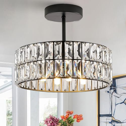MSSIAN Kristall Pendelleuchte 4-Licht Moderne schwarze Kristall Kronleuchter Kleine Kronleuchter Halb-Einbaudeckenleuchte Runde Decke Pendelleuchte für Kücheninsel Foyer Flur D30CM