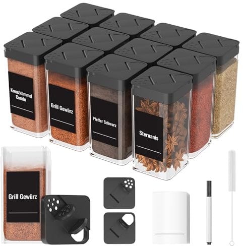 Homhut Set Barattoli Spezie - 12 Contenitori in Plastica Robusta da 120ml Con Coperchio Girevole, Include 36 Etichette, 1 Spazzole - Ideali per Sale Zucchero Caffè