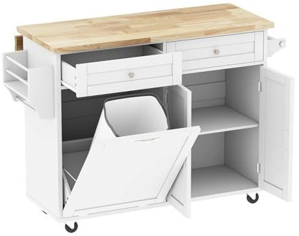 Rolling Kitchen Trash Cabinet with Tilt Out Bin and 10 Gallon Storage Movable Island Cart with Spice Rack and Service Carts (White)