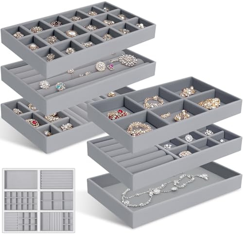 6 Stück Stapelbar Samt Schmucktablett, Jewelry Organizer, Schubladeneinsatz, Schmuckaufbewahrung für Schubladen, Schmuckeinsatz für Aufbewahrung Armreif, Ohrringe, Halsketten, Ringe, Armbänder (Grau)