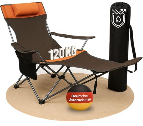 Coemo Campingstuhl Braun, zusammenklappbar, verstellbar, Liegestuhl mit Kopfstütze, Getränkehalter, Tasche, Relaxliege leicht, tragbar, Verstellbarer Faltstuhl, zusammenklappbarer Stuhl