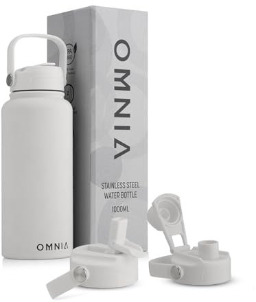 OMNIA Vacuum Insulated Stainless Steel Water Bottle, 2 Lids (Straw & Spout) Leakproof, BPA-Free, Reusable Flask, Hot & Cold Thermos for Sports, Gym, Travel, Outdoors (Stone Grey, 1000ML)